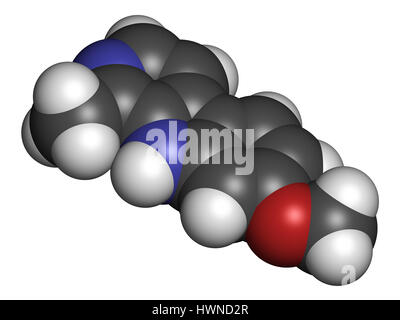 Harmin Alkaloid Molekül. Pflanzliche Inhibitor der Monoamin-Oxidase a (MAO-A). 3D-Rendering. Atome sind als Kugeln mit herkömmlichen Farbe co vertreten. Stockfoto