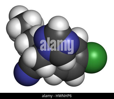 Myclobutanil antimykotische Molekül (Triazol-Klasse). 3D-Rendering. Atome sind als Kugeln mit konventionellen Farbcodierung vertreten: Wasserstoff (weiß), ca Stockfoto