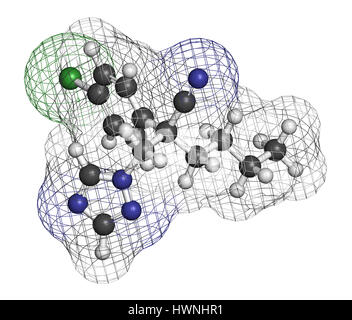 Myclobutanil antimykotische Molekül (Triazol-Klasse). 3D-Rendering. Atome sind als Kugeln mit konventionellen Farbcodierung vertreten: Wasserstoff (weiß), ca Stockfoto