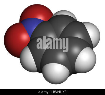 Nitrobenzene Lösungsmittel Molekül. 3D-Rendering. Atome sind als Kugeln mit konventionellen Farbcodierung vertreten: Wasserstoff (weiß), Kohlenstoff (grau), Sauerstoff Stockfoto