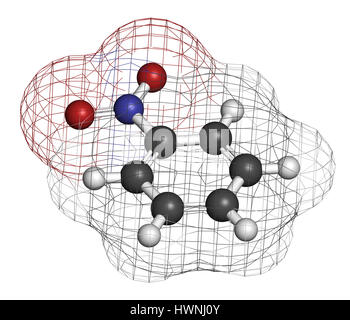 Nitrobenzene Lösungsmittel Molekül. 3D-Rendering. Atome sind als Kugeln mit konventionellen Farbcodierung vertreten: Wasserstoff (weiß), Kohlenstoff (grau), Sauerstoff Stockfoto