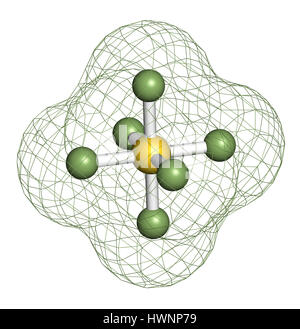 Schwefel Schwefelhexafluorid-Gas-Isolator-Molekül. Mikroblasen dienen als Kontrastmittel für Ultraschall-Bildgebung. Potentes Treibhausgas. 3D-Rendering. Atome Stockfoto