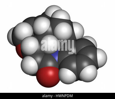 Giftige Alkaloid Strychnin-Molekül. Isoliert von Strychnos Nux Vomica Baum. 3D-Rendering. Atome sind als Kugeln mit konventionellen Colo vertreten. Stockfoto