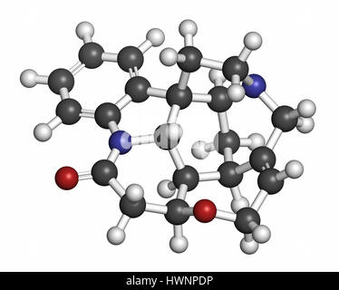 Giftige Alkaloid Strychnin-Molekül. Isoliert von Strychnos Nux Vomica Baum. 3D-Rendering. Atome sind als Kugeln mit konventionellen Colo vertreten. Stockfoto