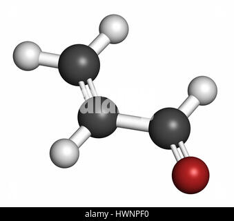 Acrolein (propenal) Molekül. Toxische Molekül, das entsteht, wenn Fett oder Öl erhitzt und in z. B. Pommes frites ist.  3D-Rendering. Atome sind re Stockfoto