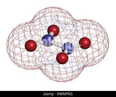 Stickstoff ausgefällt (Distickstoff ausgefällt, N2O4) Rakete Propellant Molekül. 3D-Rendering. Atome sind als Kugeln mit herkömmlichen Farbe Kabeljau vertreten. Stockfoto