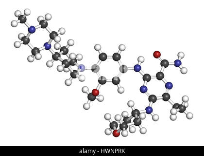 Gilteritinib Krebs Wirkstoffmolekül (Kinase-Inhibitor). 3D-Rendering. Atome sind als Kugeln mit konventionellen Farbcodierung vertreten: Wasserstoff (weiß), Stockfoto