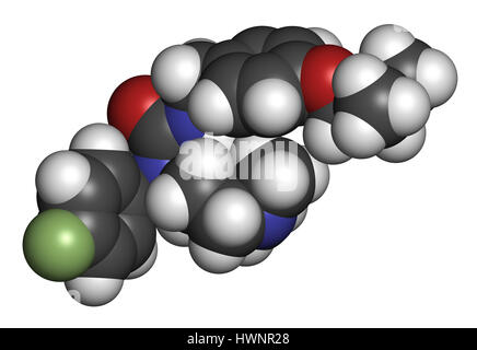 Pimavanserin atypische Antipsychotika Wirkstoffmolekül. 3D-Rendering. Atome sind als Kugeln mit konventionellen Farbcodierung vertreten: Wasserstoff (weiß), ca Stockfoto