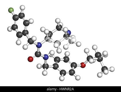 Pimavanserin atypische Antipsychotika Wirkstoffmolekül. 3D-Rendering. Atome sind als Kugeln mit konventionellen Farbcodierung vertreten: Wasserstoff (weiß), ca Stockfoto