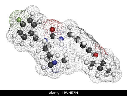 Pimavanserin atypische Antipsychotika Wirkstoffmolekül. 3D-Rendering. Atome sind als Kugeln mit konventionellen Farbcodierung vertreten: Wasserstoff (weiß), ca Stockfoto