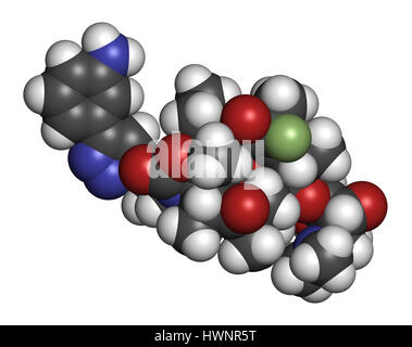 Solithromycin Antibiotika Wirkstoffmolekül. 3D-Rendering. Atome sind als Kugeln mit konventionellen Farbcodierung vertreten: Wasserstoff (weiß), Kohlenstoff (grau) Stockfoto