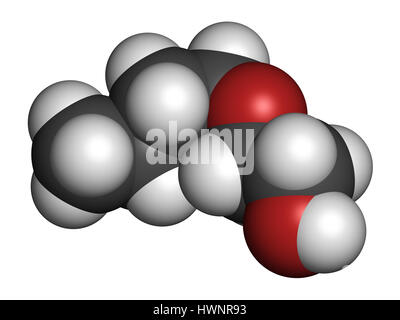 2-Butoxyethanol Molekül. Als Lösungsmittel und Tenside verwendet. 3D-Rendering. Atome sind als Kugeln mit konventionellen Farbcodierung vertreten: Wasserstoff (Whi Stockfoto