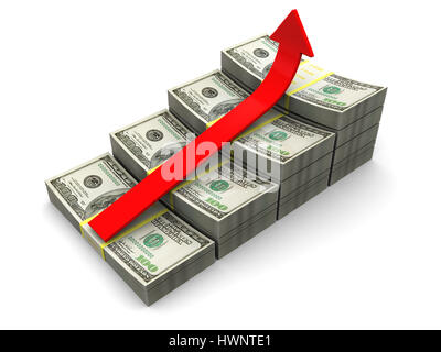 3D Abbildung der Anhebung Dollar Chart mit roten Pfeil Stockfoto