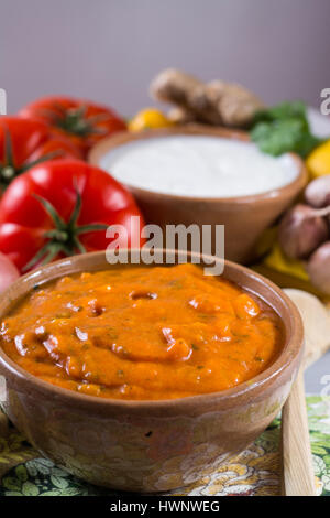 Schüssel mit pflanzlichen Tikka Masala Sauce und Zutaten, die eingehen, so dass es - rote Tomaten, Paprika, Karotten, Koriander Blätter, Zwiebel, Knoblauch, Juwel Stockfoto