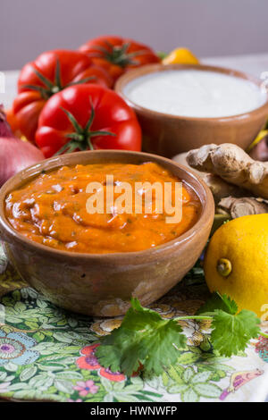 Schüssel mit pflanzlichen Tikka Masala Sauce und Zutaten, die eingehen, so dass es - rote Tomaten, Paprika, Karotten, Koriander Blätter, Zwiebel, Knoblauch, Juwel Stockfoto