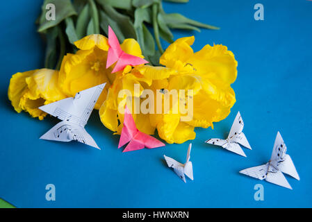 Bouquet von gelben Tulpen Closeup auf blauem Hintergrund mit Schmetterlingen Stockfoto