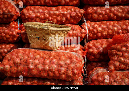 Gestapelte Zwiebeln und einem Korb in den Märkten von Mandalay, Myanmar Stockfoto