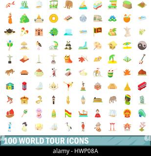 100 Welt Tour Icons set, cartoon-Stil Stock Vektor