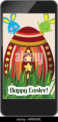 Frohe Ostern mit Gras- und Ei auf smartphone Stock Vektor