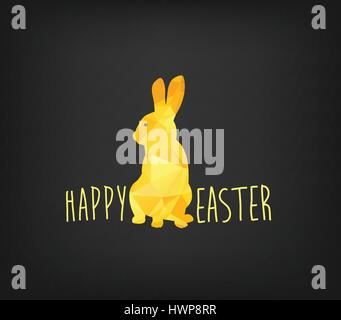 Glückliches Ostern Grußkarte in low-Poly-Dreieck-Stil. Flache Bauform Polygon des goldenen Osterhasen auf schwarzem Hintergrund isoliert Stock Vektor