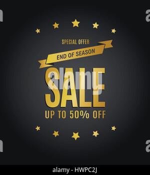 Sonderangebot, End of Season Sale, bis zu 50 % Rabatt auf goldenen kalligraphische Text. Stock Vektor