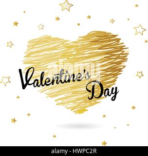 Valentine Herzen aus goldenen Linien und schwarzer Valentinstag Text mit vielen Sternen erstellt. Stock Vektor