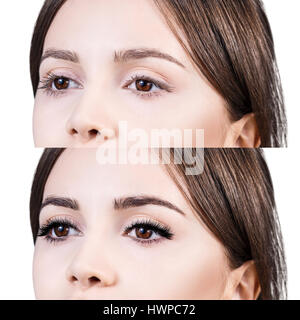 Vergleich der weiblichen Augen vor und nach dem Make-up und Wimpern Verlängerung Stockfoto