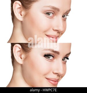Vergleich der weiblichen Augen vor und nach dem Make-up und Wimpern Verlängerung Stockfoto