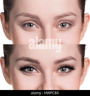 Vergleich der weiblichen Augen vor und nach dem Make-up und Wimpern Verlängerung Stockfoto