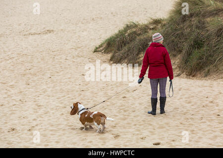 Sandbänke, Poole - Frau zu Fuß Hund am Strand von Sandbänken, Poole, Dorset im März Stockfoto