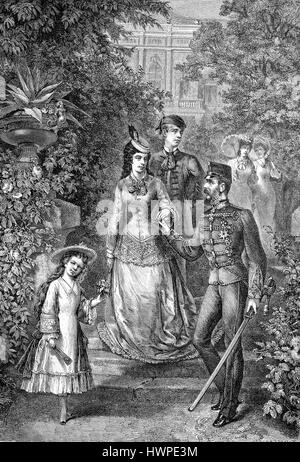 Die kaiserliche Familie Österreichs zur Sommerfrische, Erzherzogin Marie Valerie, Kaiserin Elisabeth, Kronprinz Rudolph, Kaiser Franz Joseph, im Park von Gödöllö, Ungarn, Reproduktion einer original Holzschnitt aus dem Jahr 1882, digital verbessert Stockfoto