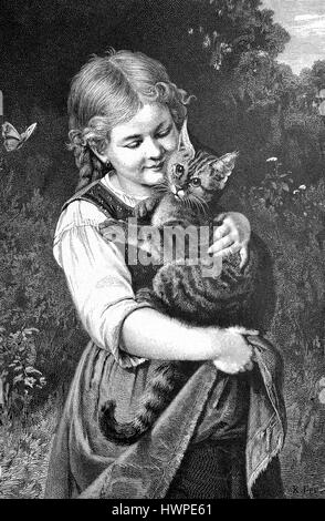 Kleines Mädchen hat eine Hauskatze auf dem Arm, Reproduktion einer original Holzschnitt aus dem Jahr 1882, digital verbessert Stockfoto