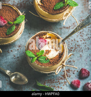 Nahaufnahme von hausgemachten italienischen Dessert Tiramisu mit Minze und Himbeeren Stockfoto