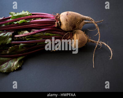 Bio rote Beete mit Blättern auf schwarzem Hintergrund isoliert Stockfoto