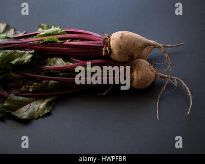 Bio rote Beete mit Blättern auf schwarzem Hintergrund isoliert Stockfoto