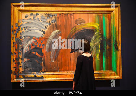 National Portrait Gallery. London, UK. 22. März 2017. Portrait of the Artist Musik hören. Eine kürzlich abgeschlossene Selbstbildnis von der späten Howard Hodgkin (1932-2017) gehen auf öffentliche Zurschaustellung ab dem 23. März -18 Juni 2017 zum ersten Mal in einer großen neuen Ausstellung Howard Hodgkin: Absent Friends in der National Portrait Gallery, London. Porträt der Künstlerin Musikhören erstreckte sich bis Hodgkin im Oktober 2016 mit der National Portrait Gallery-Ausstellung im Auge. Bildnachweis: Dinendra Haria/Alamy Live-Nachrichten Stockfoto