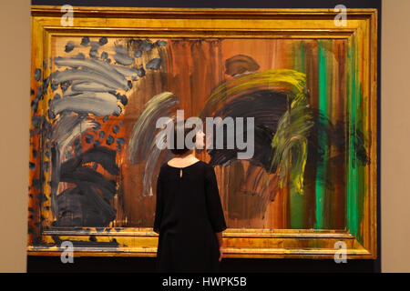 National Portrait Gallery. London, UK. 22. März 2017. Portrait of the Artist Musik hören. Eine kürzlich abgeschlossene Selbstbildnis von der späten Howard Hodgkin (1932-2017) gehen auf öffentliche Zurschaustellung ab dem 23. März -18 Juni 2017 zum ersten Mal in einer großen neuen Ausstellung Howard Hodgkin: Absent Friends in der National Portrait Gallery, London. Porträt der Künstlerin Musikhören erstreckte sich bis Hodgkin im Oktober 2016 mit der National Portrait Gallery-Ausstellung im Auge. Bildnachweis: Dinendra Haria/Alamy Live-Nachrichten Stockfoto