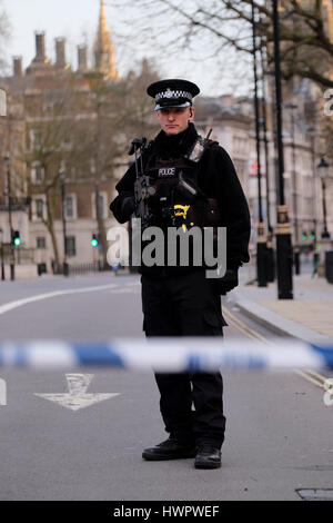 Nach einem Terroranschlag im Palace of Westminster im März 2017 steht in Whitehall ein Wachmann der Metropolitan Police. Stockfoto