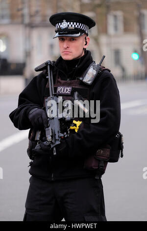 Nach einem Terroranschlag im Palace of Westminster im März 2017 steht in Whitehall ein Wachmann der Metropolitan Police. Stockfoto