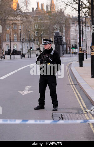 Nach einem Terroranschlag im Palace of Westminster im März 2017 steht in Whitehall ein Wachmann der Metropolitan Police. Stockfoto