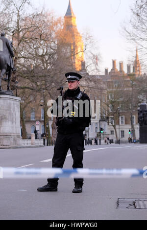 Nach einem Terroranschlag im Palace of Westminster im März 2017 steht in Whitehall ein Wachmann der Metropolitan Police. Stockfoto