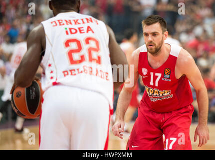Belgrad, Serbien. 22. März 2017. Vangelis Mantzaris von von Olympiakos Piräus in Aktion während der 2016/2017 Turkish Airlines EuroLeague regulären Saison Runde 27 Spiel zwischen Crvena Zvezda MTS Belgrad und Olympiakos Piräus in der Kombank Arena am 22. März 2017 in Belgrad, Serbien. Bildnachweis: Nikola Krstic/Alamy Live-Nachrichten Stockfoto