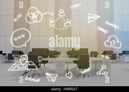 Digital generiert der Computer Symbole gegen Büromöbel in weißen Raum Stockfoto