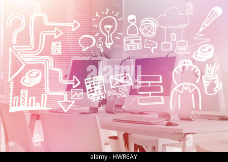 Business Icons auf weißen Hintergrund gegen Computer und Headsets 3d Stockfoto