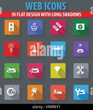 Auto Shop Web Icons im flat Design mit langen Schatten Stock Vektor