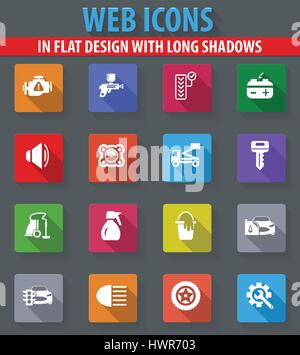 Auto Shop Web Icons im flat Design mit langen Schatten Stock Vektor