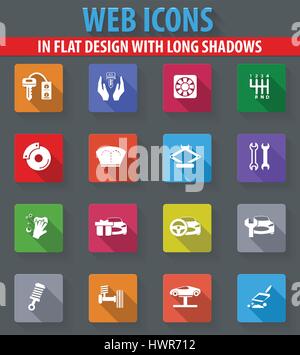 Auto Shop Web Icons im flat Design mit langen Schatten Stock Vektor
