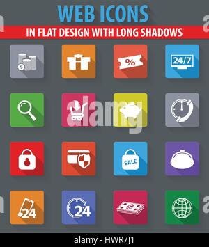 Einkauf, Marketing und e-Commerce Web-Symbole im flat Design mit langen Schatten Stock Vektor