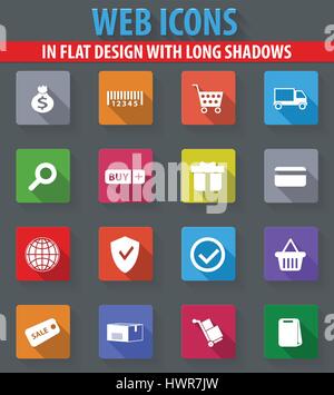 Shopping Web Icons im flat Design mit langen Schatten Stock Vektor
