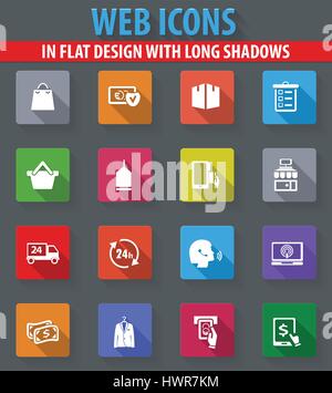 E-Commerce Web Icons im flat Design mit langen Schatten Stock Vektor